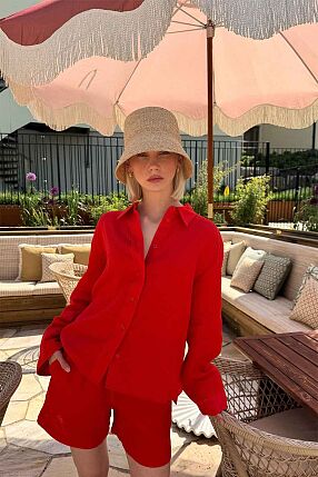 EVIANNA LINEN SHIRT POPPY RED
