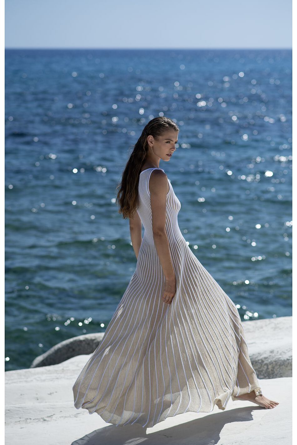 GOLDEN PLEATS MAXI DRESS WHITE