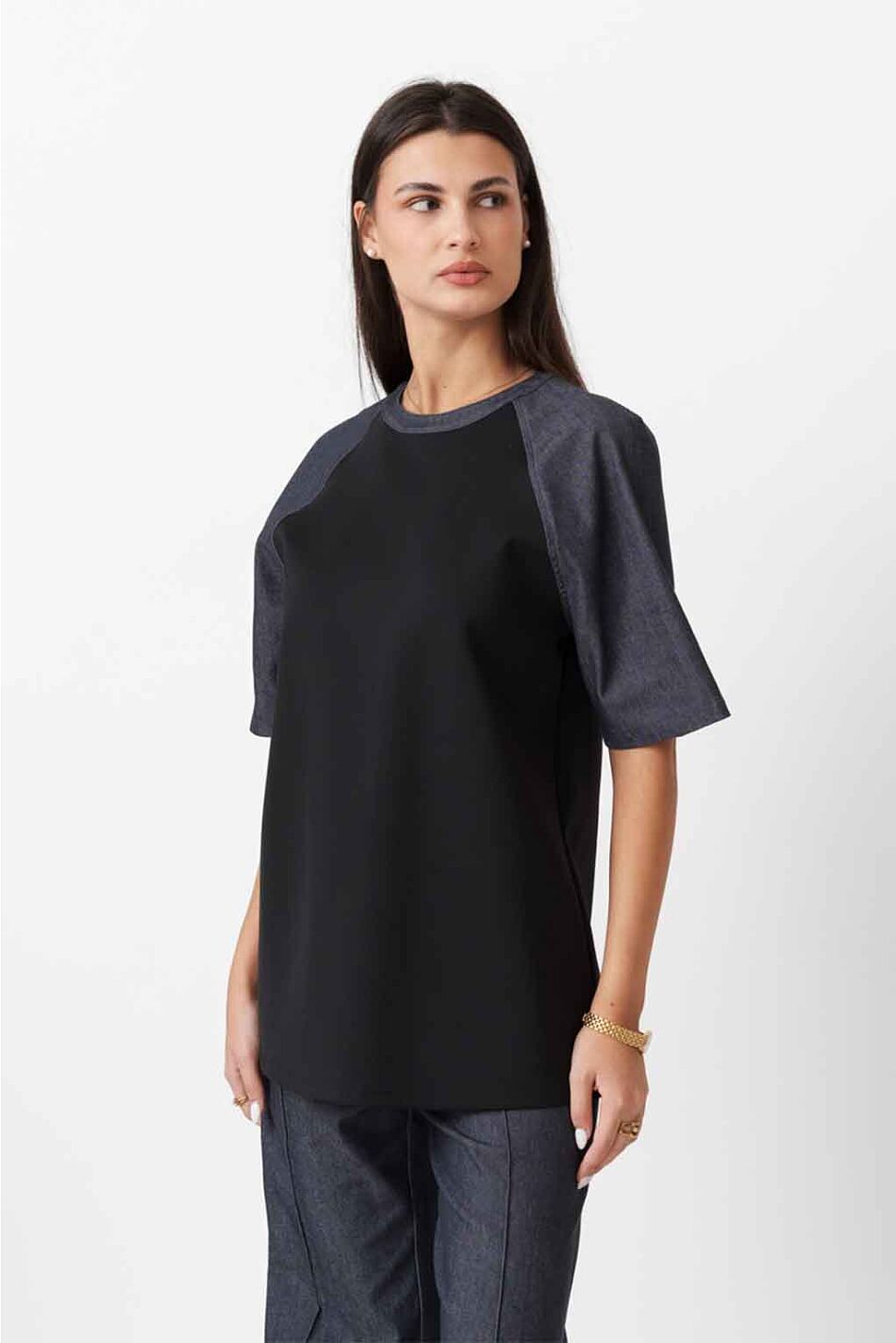 DENIM LOOK SLEEVE T-SHIRT