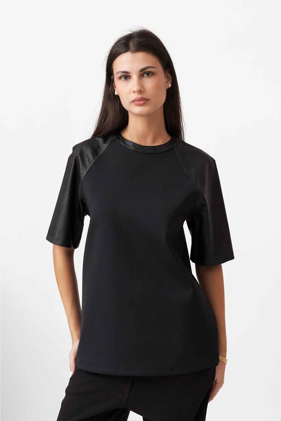 LEATHER LOOK SLEEVE T-SHIRT