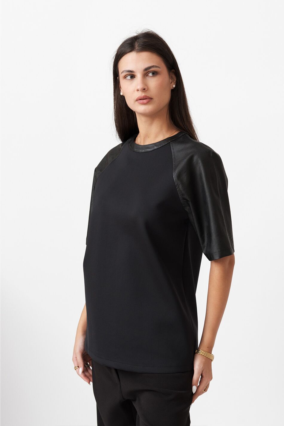 LEATHER LOOK SLEEVE T-SHIRT