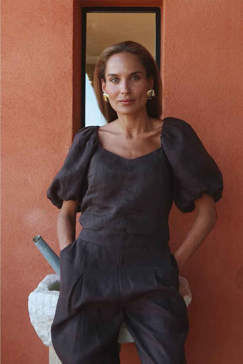 AUDRINA LINEN TOP COFFEE