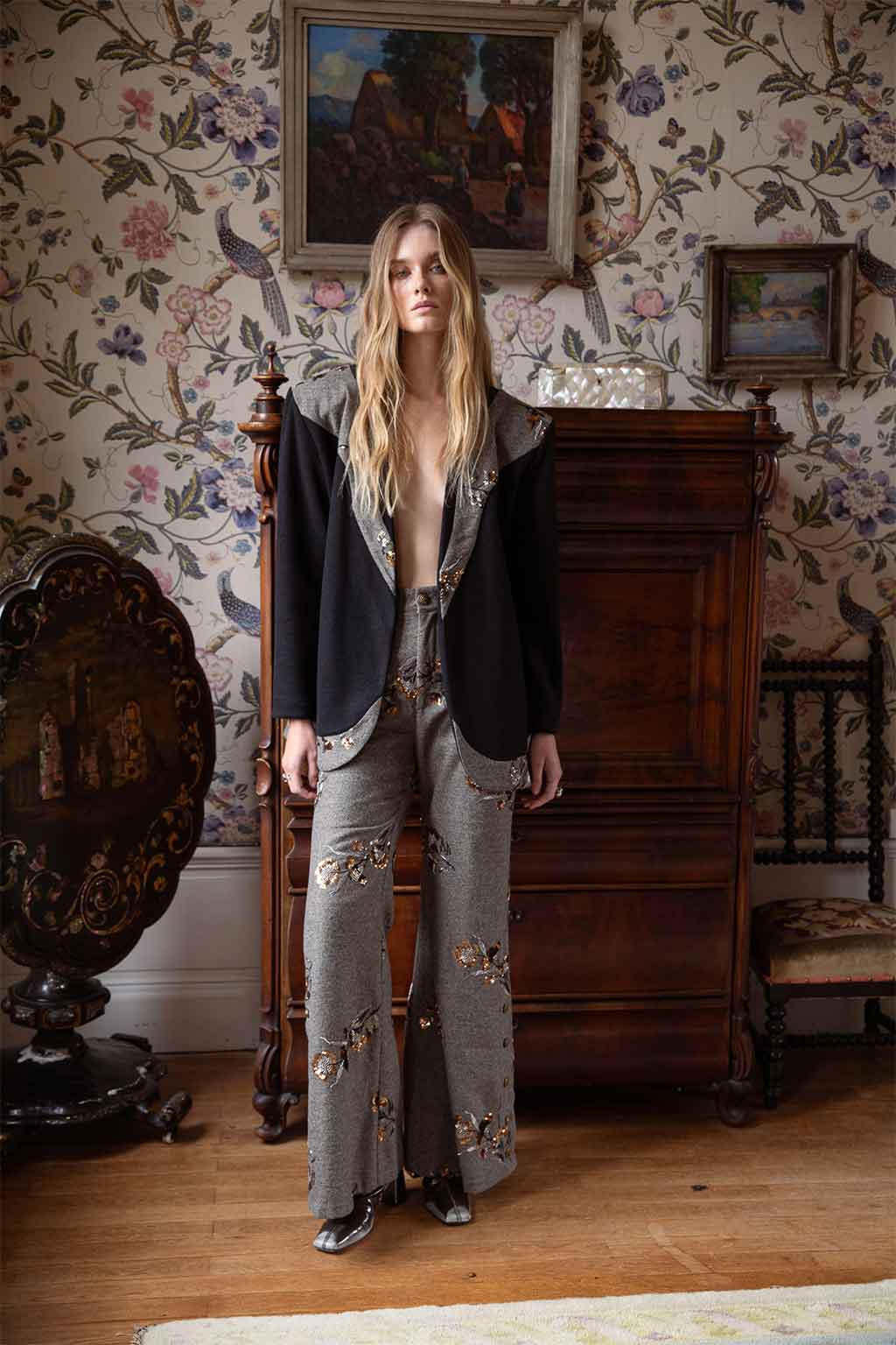 FAYRA CARDIGAN DRESS WOOL SEQUINED HERRINGBONE