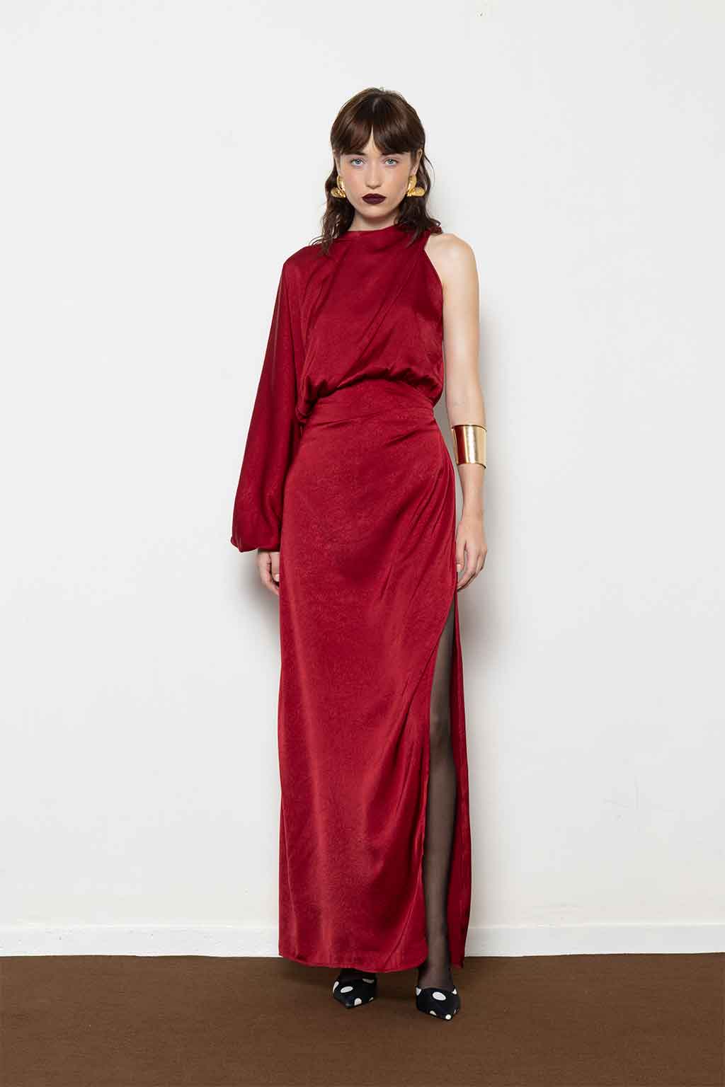 MILLIE ONE SHOULDER DRAPED SATIN DRESS
