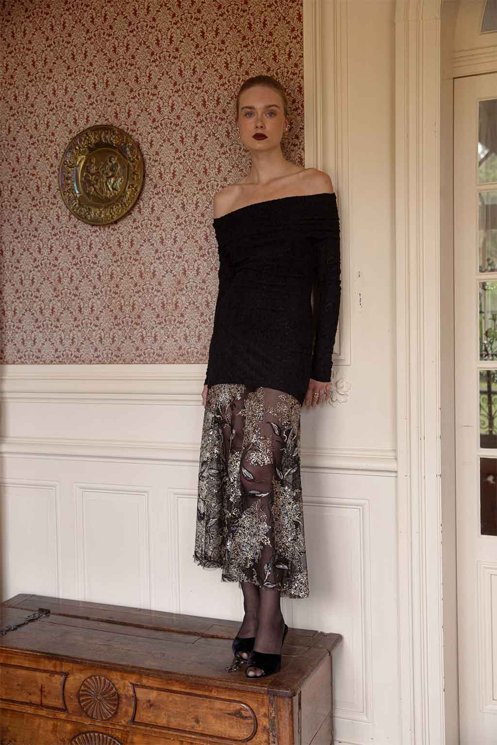 PHOEBE DRESS DEVORE SEQUIN EMBROIDERED