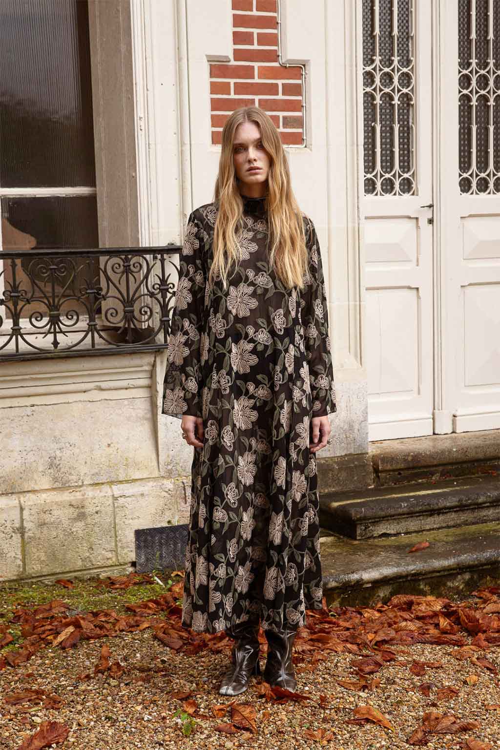 RUSTON DRESS SEMI-SHEER FLORAL EMBROIDERED