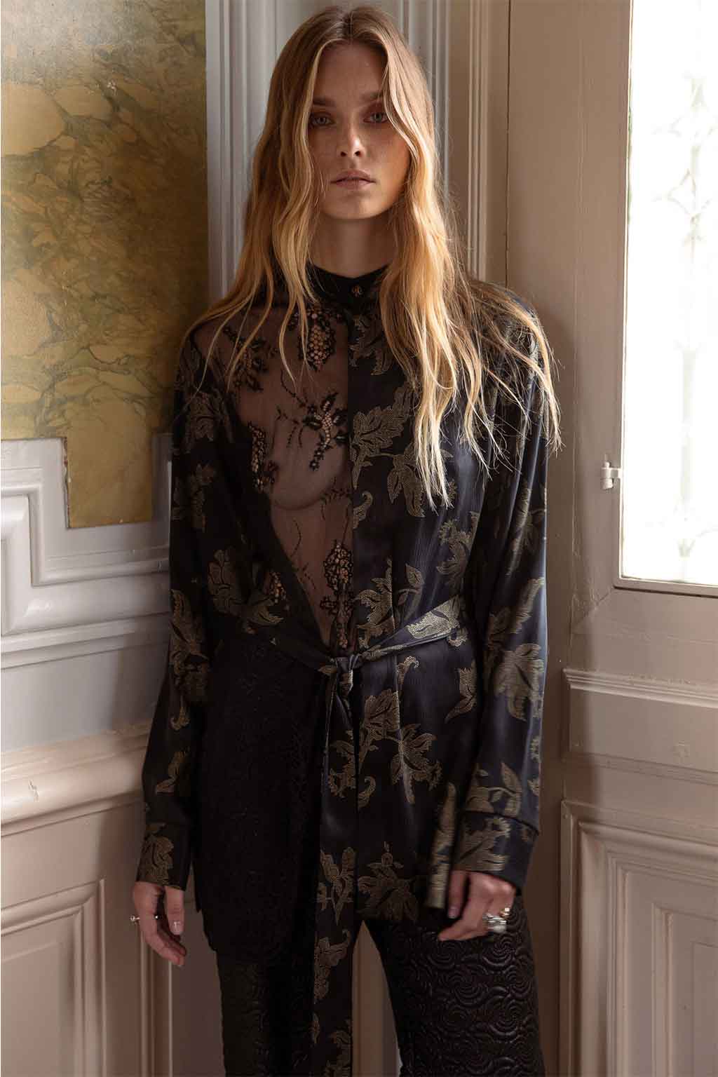 WINSTON SHIRT PRINTED LACE EMBELLISHED BELTED