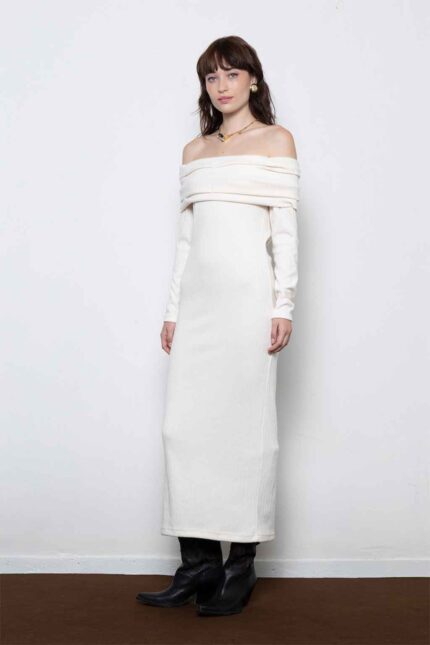 OFF SHOWLDER RIB KNIT DRESS
